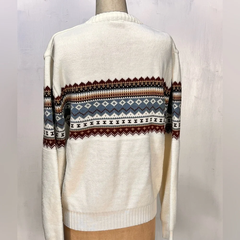 VINTAGE 70s 80s fair isle knit ski sweater v neck chenille earthy neutral unisex